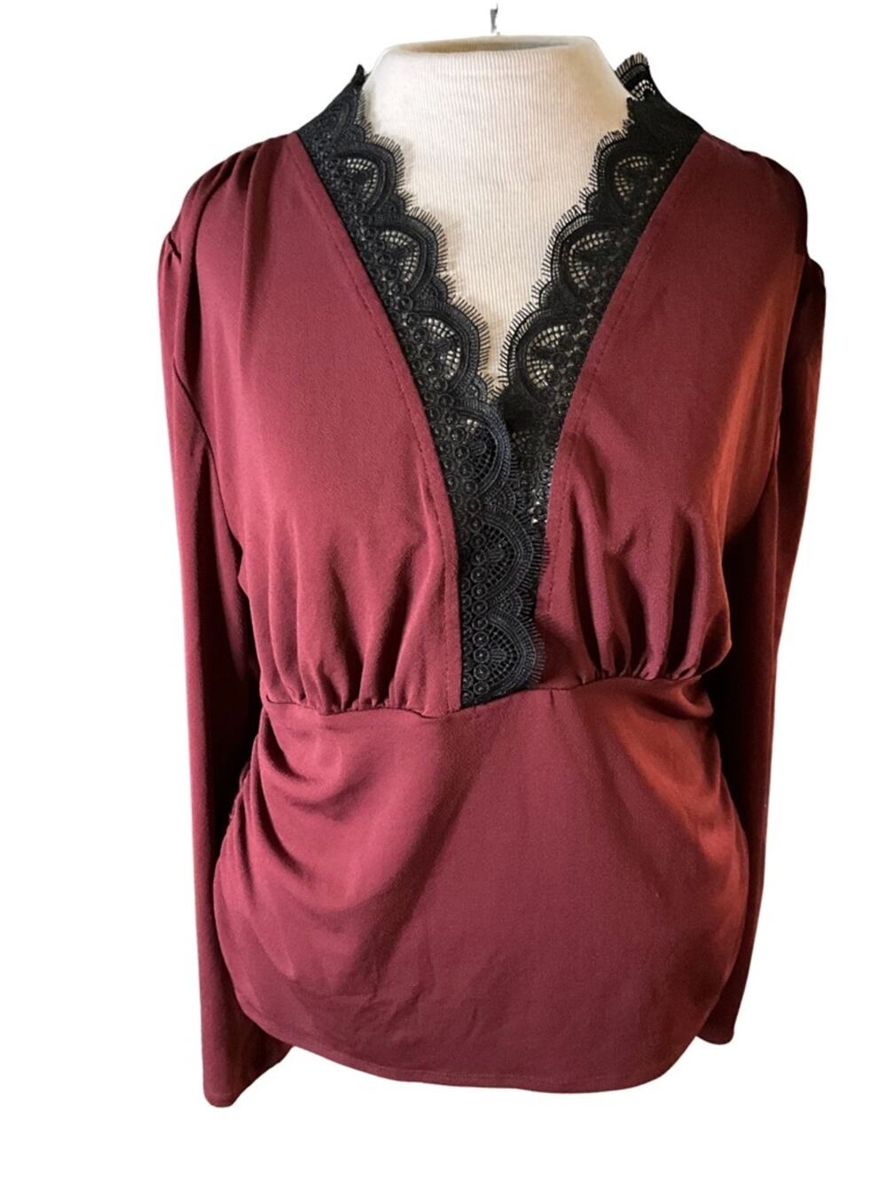 Burgundy Deep-V Lace Trim Long Sleeve Blouse Romantic Y2K Dark Fem XL EUC